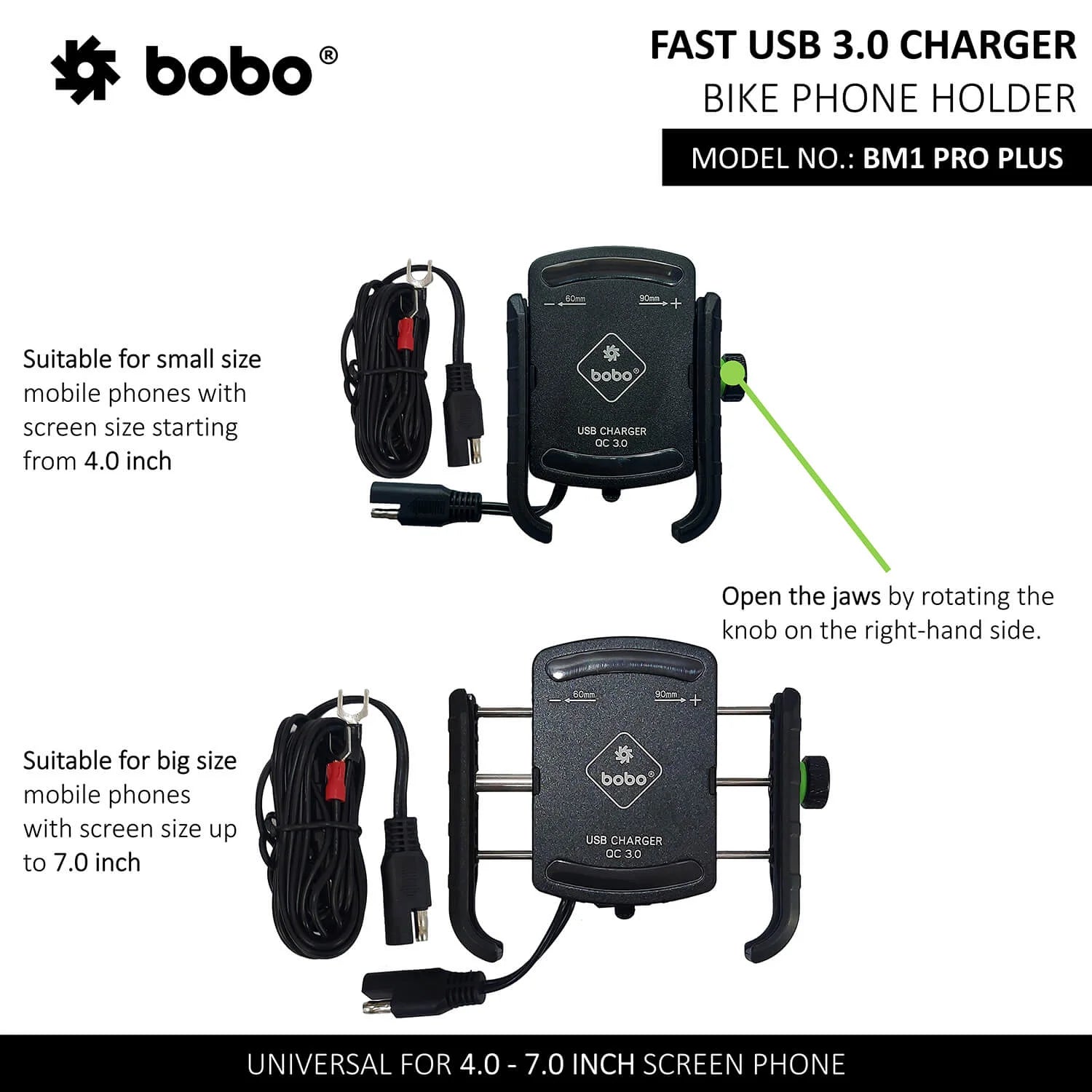 BOBO BM1 PRO PLUS Jaw-Grip Bike Phone Holder with Vibration Damper USB 3.0 - Motodrift