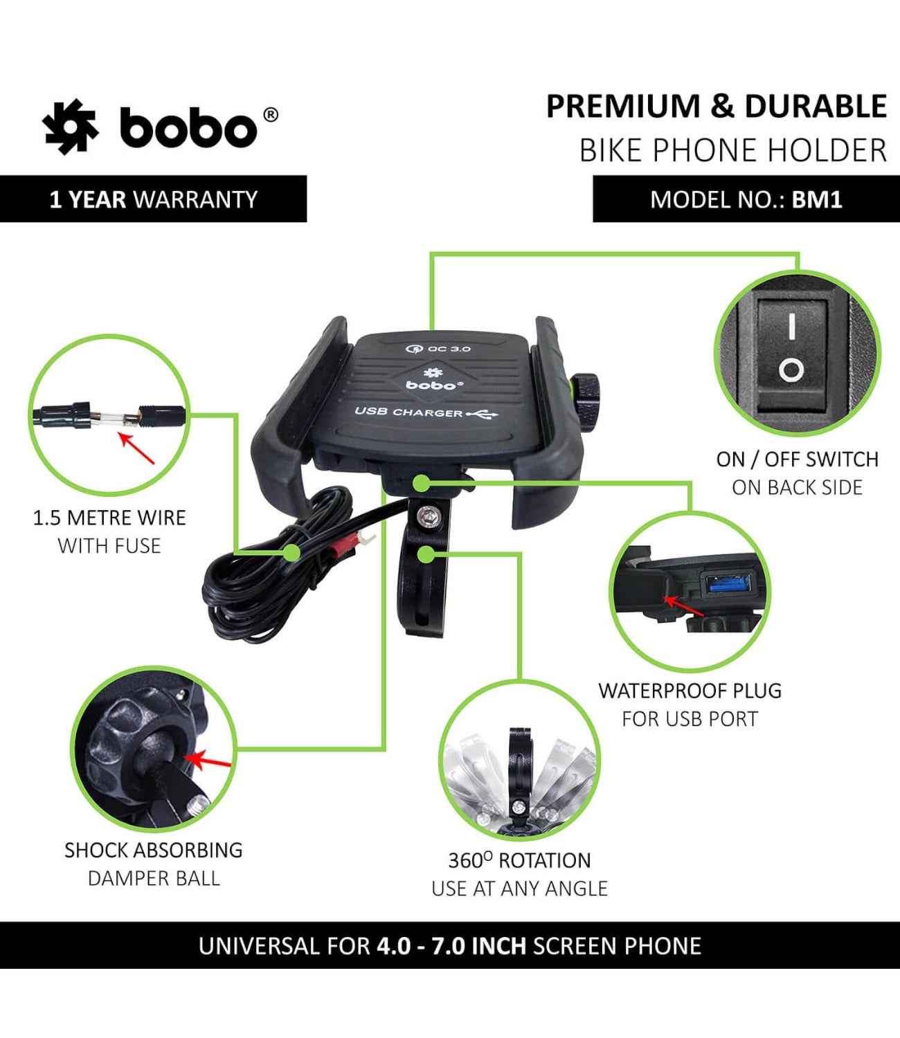 BOBO BM1 Motorcycle Phone Holder (with fast USB 3.0 charger) - Motodrift