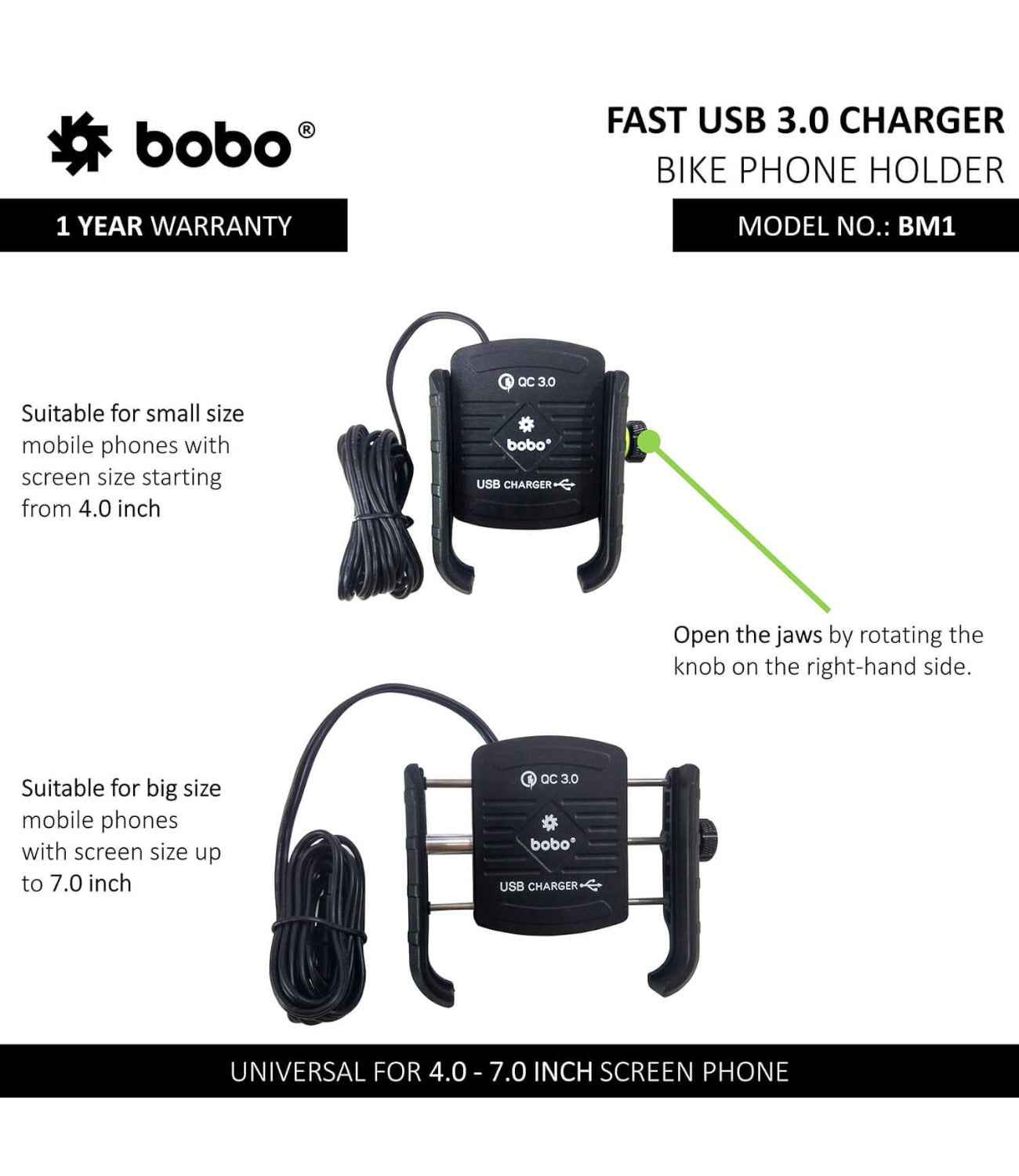 BOBO BM1 Motorcycle Phone Holder (with fast USB 3.0 charger) - Motodrift