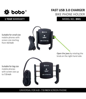 BOBO BM1 Motorcycle Phone Holder (with fast USB 3.0 charger) - Motodrift