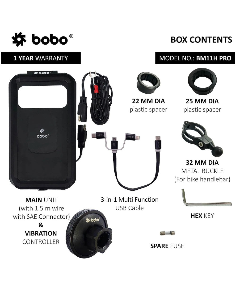 BOBO BM11H PRO Fully Waterproof Bike Phone Holder with Vibration Controller (with Fast 15W Wireless Charger & USB-C Input/Output Port) Motorcycle Mobile Mount - Motodrift