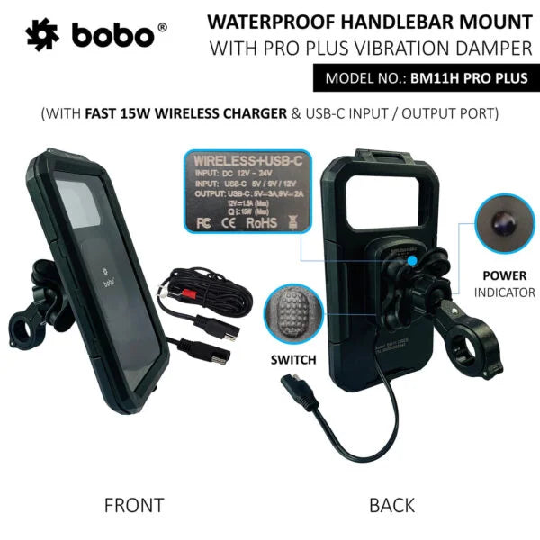 BOBO BM11H PRO PLUS Fully Waterproof With Vibration Damper with Fast 15W Wireless - Motodrift