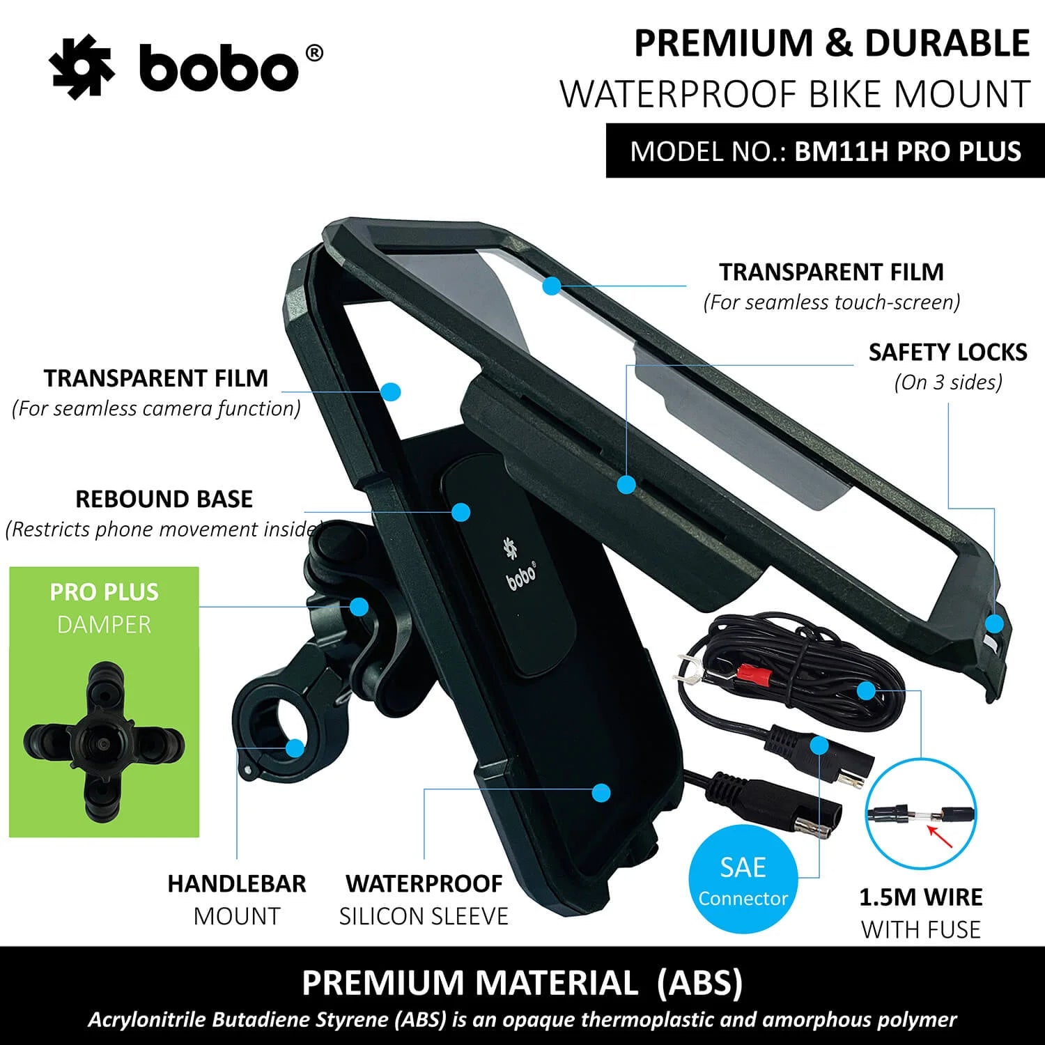 BOBO BM11H PRO PLUS Fully Waterproof With Vibration Damper with Fast 15W Wireless - Motodrift