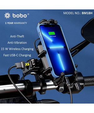 BOBO BM18 Anti-Vibration Bike Phone Holder (with Fast 15W Wireless Charger & USB-C Charging Module) Motorcycle Mobile Mount - Motodrift