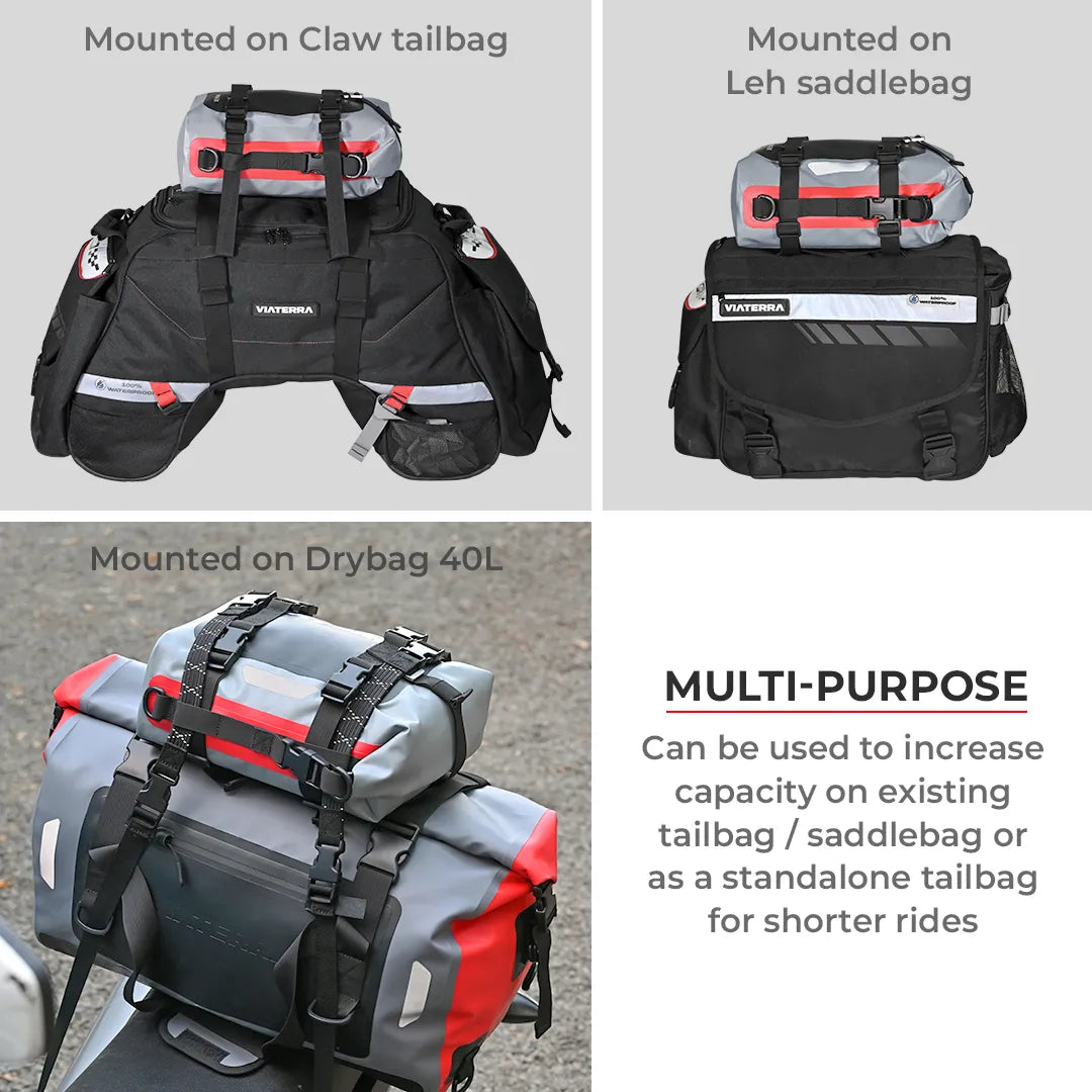 VIATERRA DRYBAG 8L - 100% Waterproof Motorcycle Tailbag / Rear Rack Bag (Universal with Versatile Mounting) - Motodrift