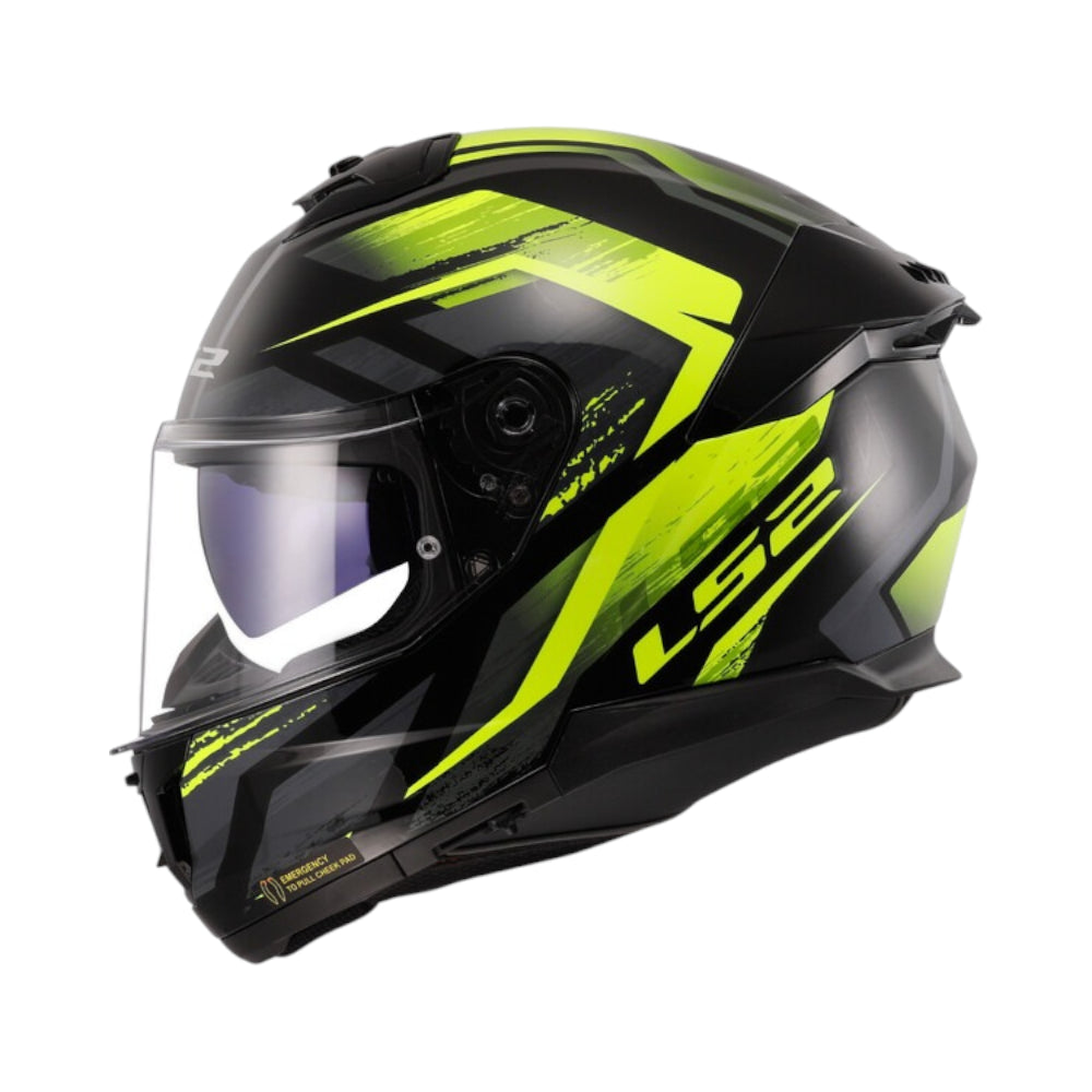 Black and yellow motorcycle helmet with clear visor on a white background with Ls2 Branding.