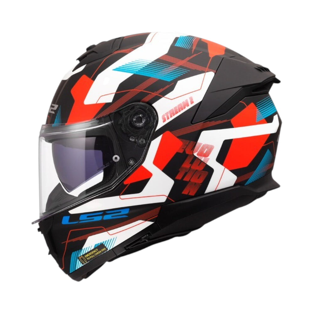 Colorful motorcycle helmet with a clear visor on a white background, Ls2 branding.