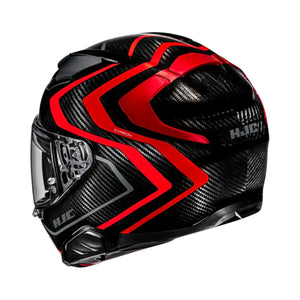 Black and red motorcycle helmet with HJC logo on a white background
