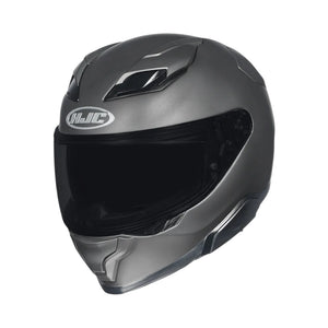 Gray motorcycle helmet with HJC logo on a white background