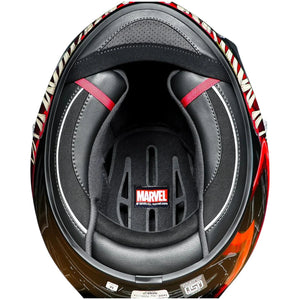 Interior view of HJC RPHA 12 Venom 3 motorcycle helmet showing black moisture-wicking padding and Marvel logo