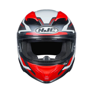 Red, black, and gray motorcycle helmet with HJC logo on a white background