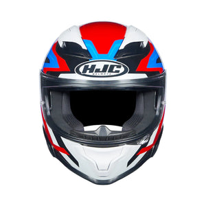 HJC F71 Motorcycle helmet with red, blue, and white design on a white background