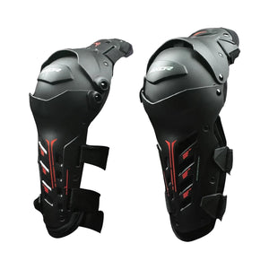 AXOR Impact-X black knee guards with dual-axis bionic design and red accents for motorcycle protection