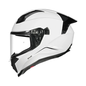 Motodrift Korda Evo Solid full face motorcycle helmet in gloss white with a clear visor and aerodynamic design
