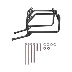 Black metal rack with screws and washers on a white background