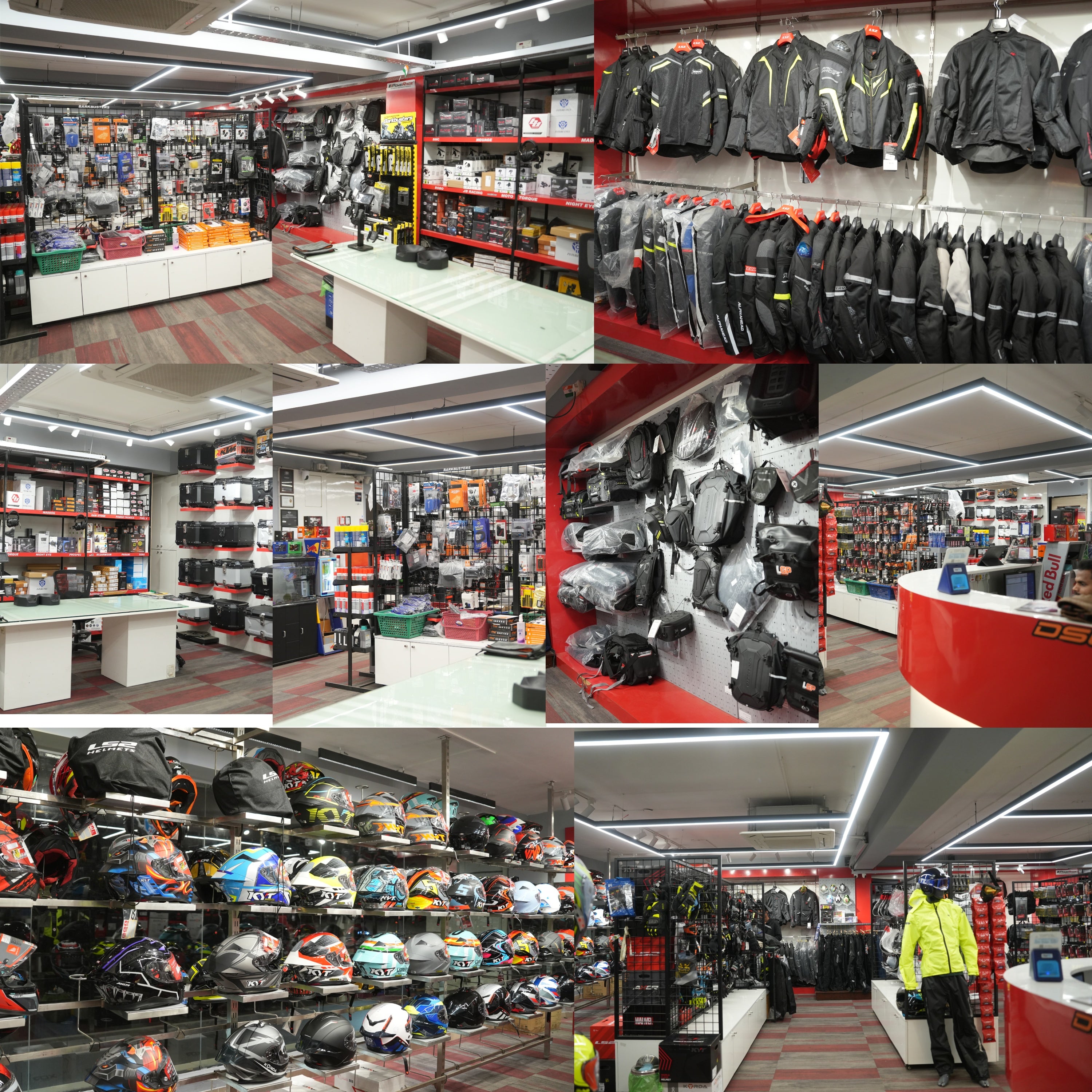 Collage of a motorcycle gear store with shelves, counters, and displays of jackets and helmets.