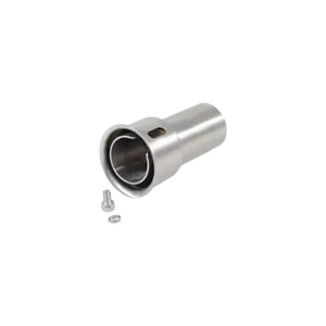 Metallic cylindrical component with a smaller cylindrical part and a screw on a white background