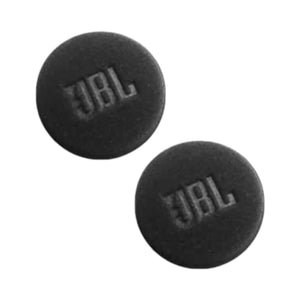 Two black JBL foam earbud tips on a white background