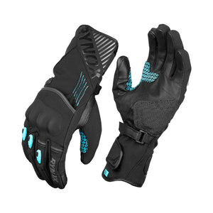 Black gloves with teal accents on a white background