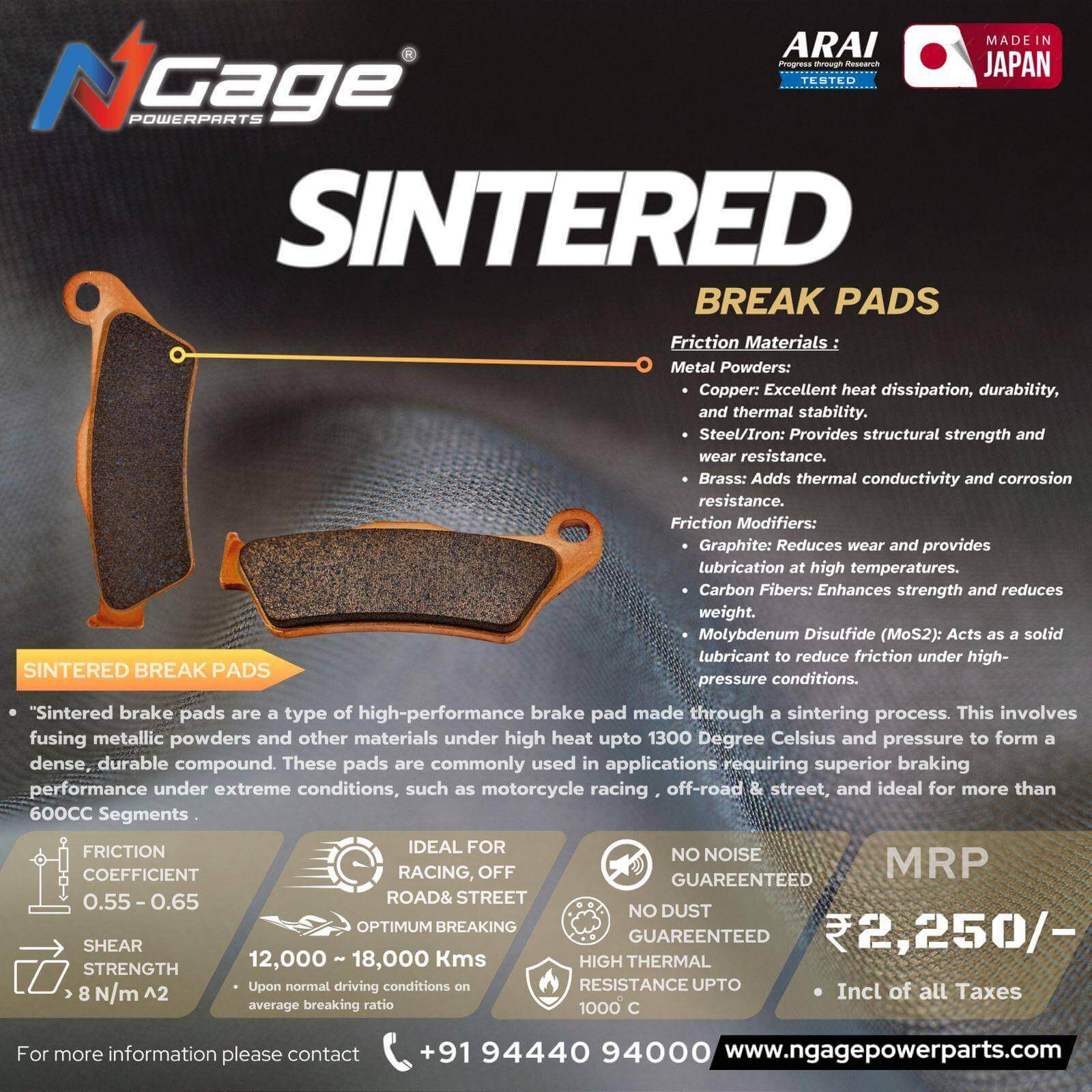 Ngage Sintered Brake Pads For Royal Enfield Hunter 350 - Motodrift