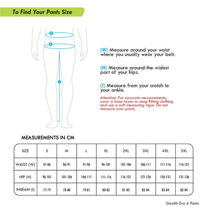 Rynox Stealth EVO 4 Pant size chart showing waist, hip, and inseam measurements in centimeters for S to 5XL.