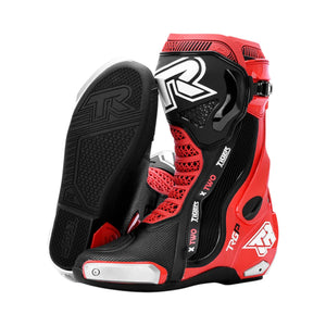 TR TIGER X TWO red and black microfiber motorcycle racing boots with TPU protection and titanium sliders.
