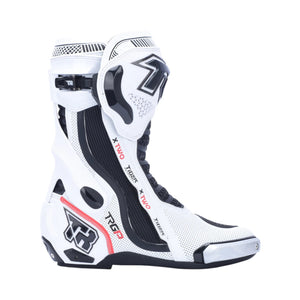 TR TIGER X TWO white and black microfiber motorcycle racing boots with titanium alloy sliders and TPU shell