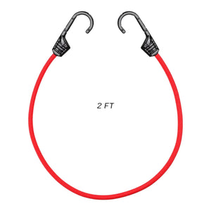 ViaTerra red 2-foot bungee cord with heavy-duty plastic-coated metal hooks for motorcycle luggage securing.
