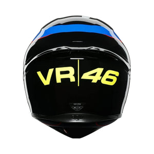 AGV K1 S full face motorcycle helmet in black with VR46 Sky Racing Team graphics and rear spoiler