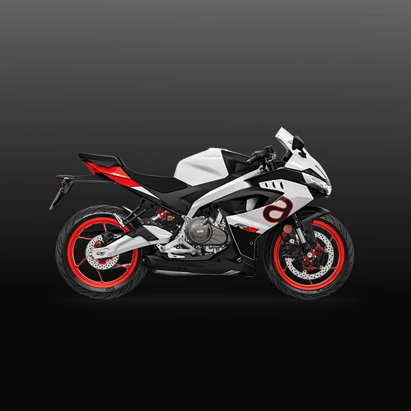 White motorcycle with red accents on a black background