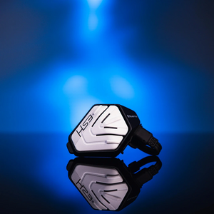 BluArmor HS3 helmet Bluetooth device with a white and black control module against a blue background