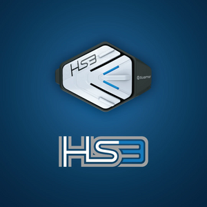 BluArmor HS3 helmet Bluetooth device with white and black three-button control module on blue background