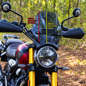 BOLT smoked polycarbonate windscreen with GPS mount on a Triumph Scrambler 400X motorcycle