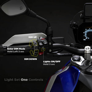 DENALI CANsmart controller interface showing BMW motorcycle handlebar controls for auxiliary light settings.