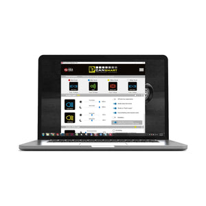 DENALI CANsmart software interface on a laptop screen for configuring motorcycle accessory circuits.