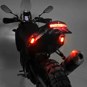 DENALI T3 modular LED rear turn signal pods with red brake and running lights on a motorcycle.