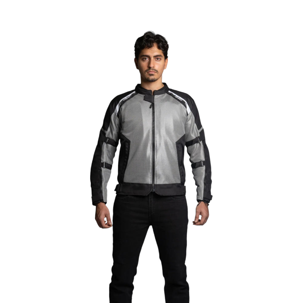 Man wearing a black and gray mesh jacket on a white background