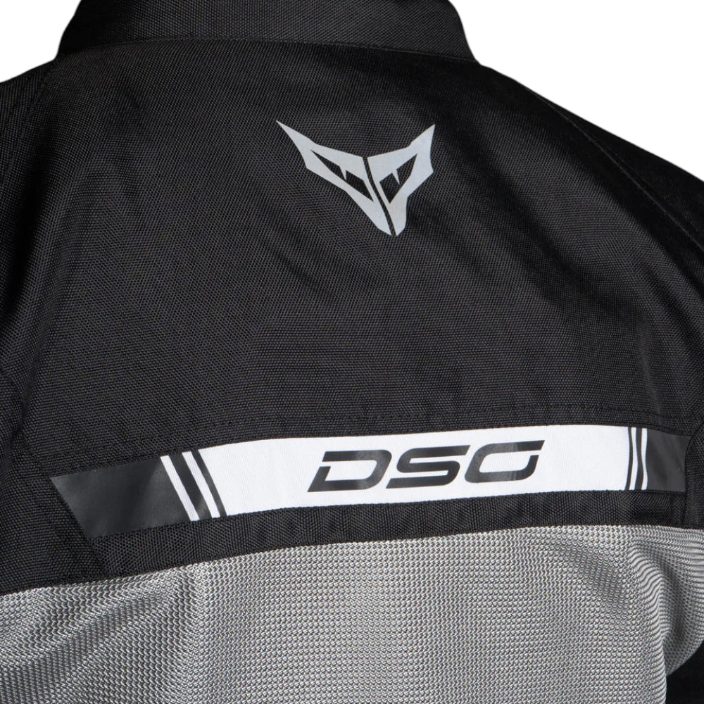 Back view of a black and gray jacket with a logo and 'DSG' branding.