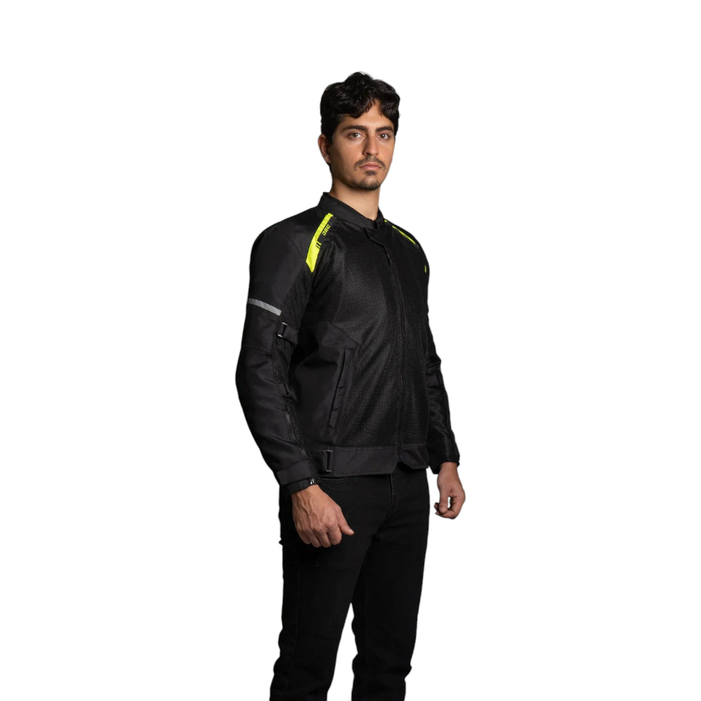 Man wearing a black jacket with yellow accents on a white background
