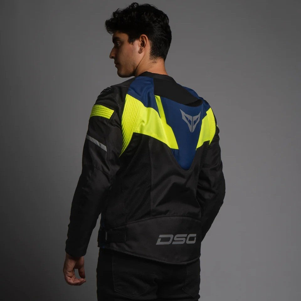 Person wearing a black and neon jacket with DSGbrand logo on a gray background, DSG Apex V2 Riding Jacket with CE Level 2 armor and AA safety certification