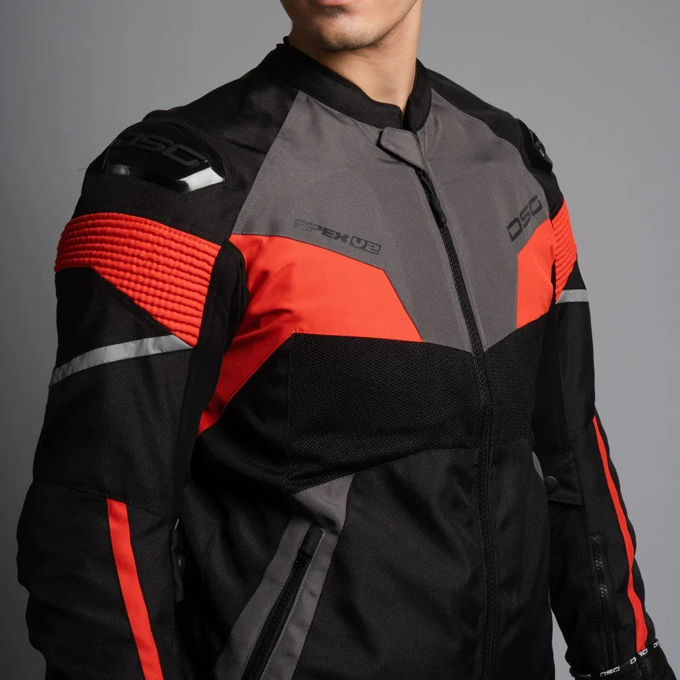 Black, red, and gray motorcycle jacket on a gray background,DSG Apex V2 Riding Jacket with CE Level 2 armor and AA safety certification