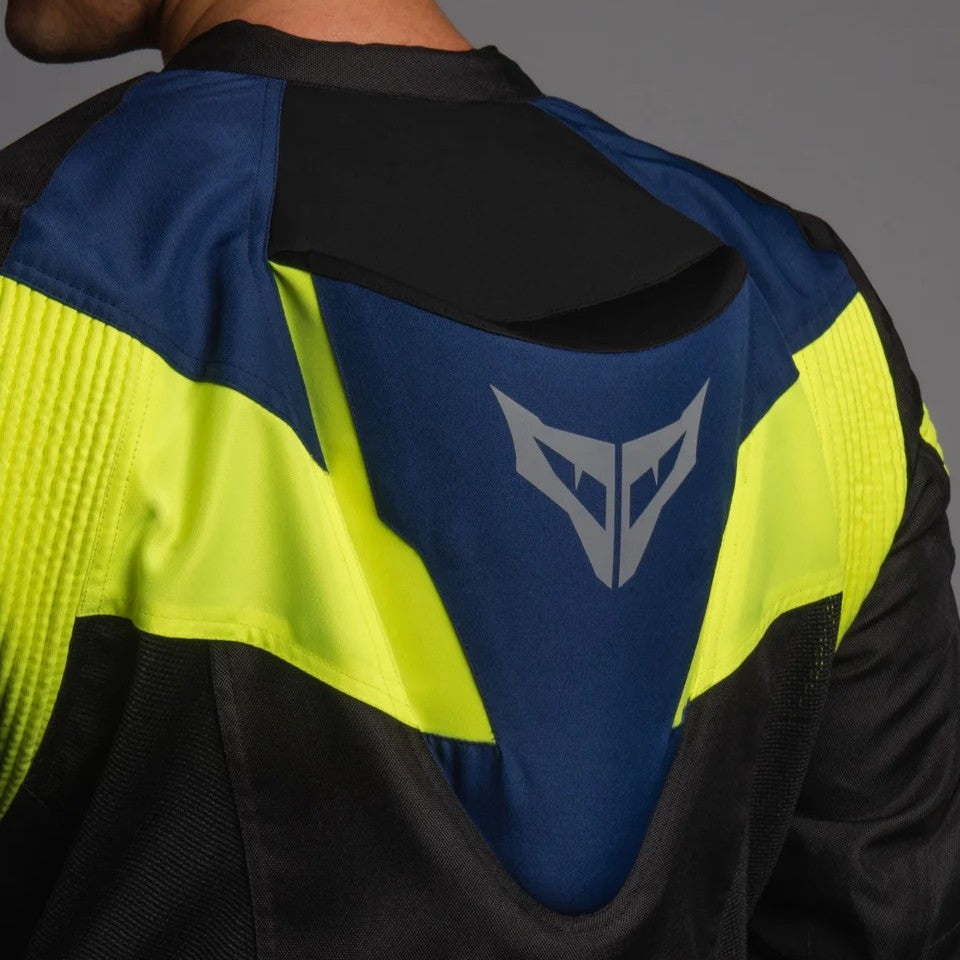 Close-up of a person wearing a blue, yellow, and black jacket with a DSG logo on the back, DSG Apex V2 Riding Jacket with CE Level 2 armor and AA safety certification