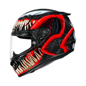 HJC RPHA 12 Venom 3 motorcycle helmet featuring black and red Marvel Venom graphics and a clear visor