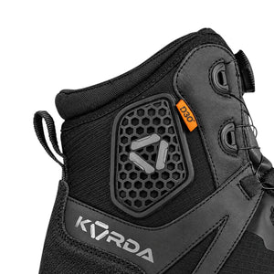 Korda Recon riding boot featuring black textile construction, D3O ankle armour, and FITGO dial closure system