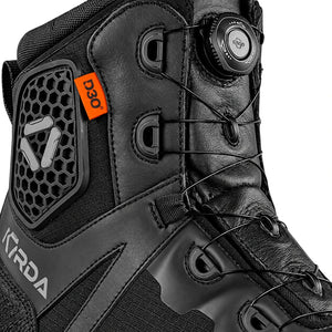 Korda Recon waterproof motorcycle boots featuring D3O ankle armor and FITGO dial closure system in black