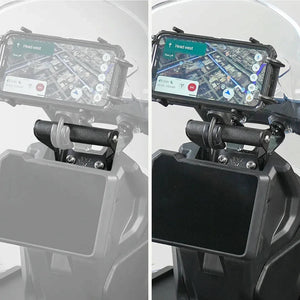 ViaTerra mobile and GPS mount installed on a KTM Adventure 390 Gen 3 cockpit with a smartphone attached.
