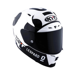 KYT Striker SV full-face motorcycle helmet in white and black Leopard Panda graphic with tinted visor