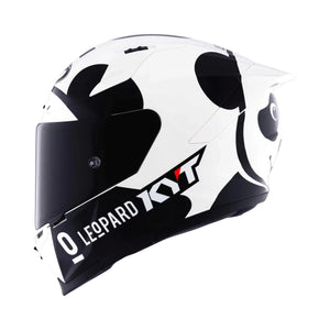 KYT Striker SV Leopard Panda full-face motorcycle helmet with black and white graphic and tinted visor