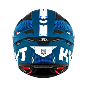 KYT TT Revo Fuselage full face helmet in blue with white and black racing graphics, rear view