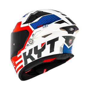 KYT TT Revo Fuselage full face motorcycle helmet in white, red, and blue with aerodynamic graphic design.